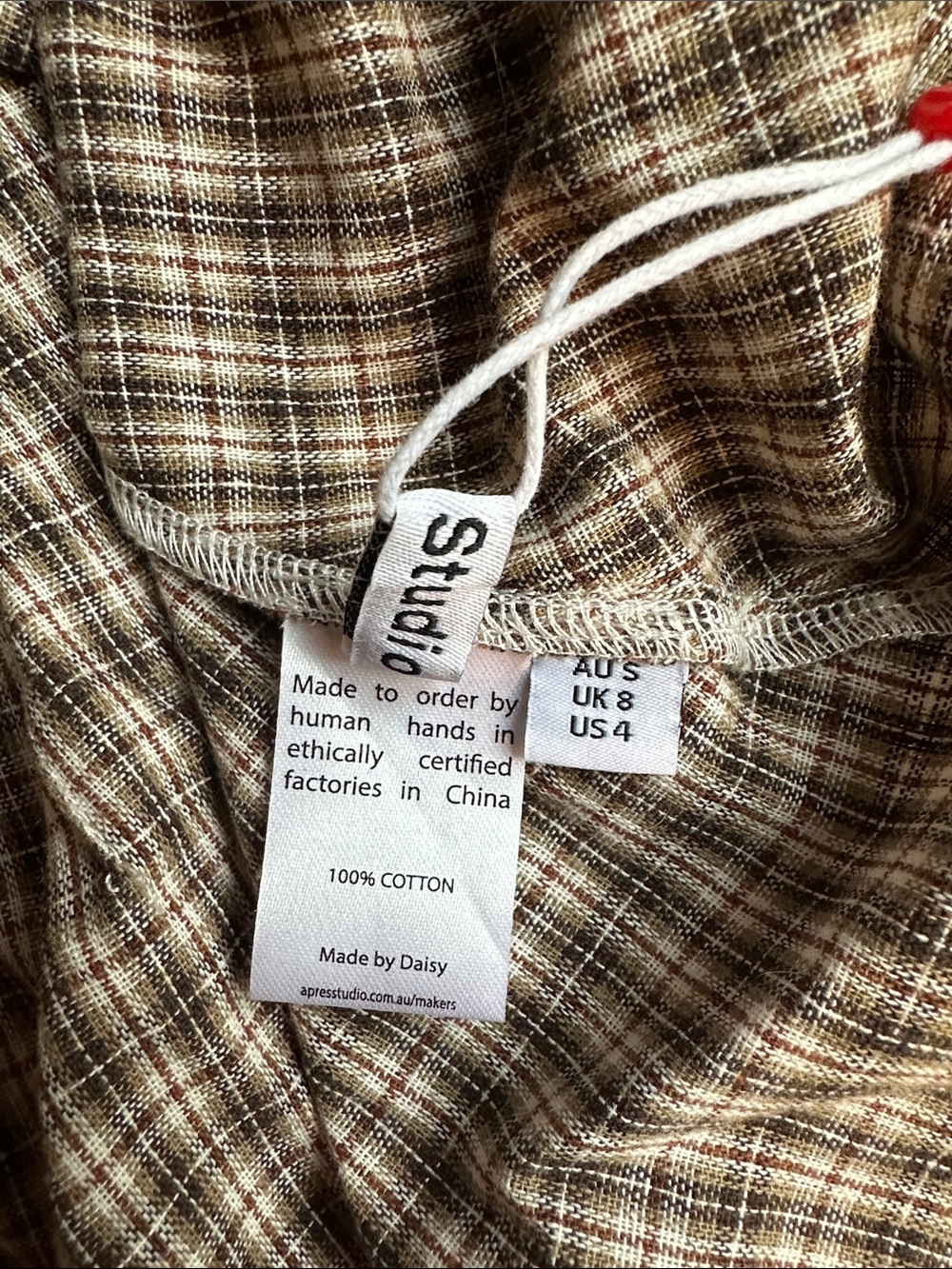 NWT Apres Studio Sz US 4 Plaid Button-Front Shirt Dress in Brown and Cream - Picture 4 of 4